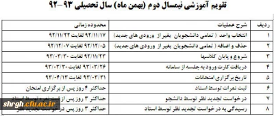 تقویم آموزشی نیمسال دوم (بهمن ماه) سال تحصیلی 93-92