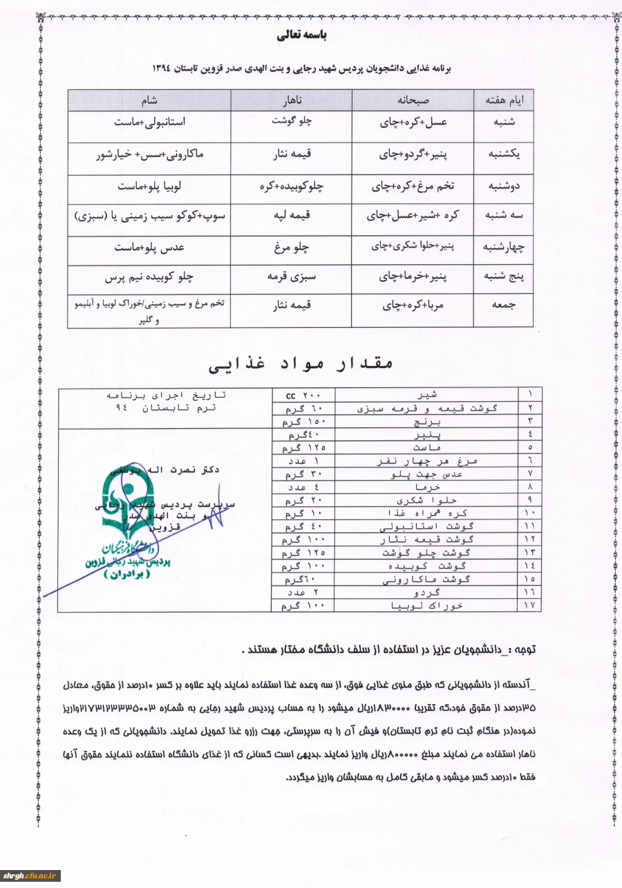 برنامه غذایی تابستان 94