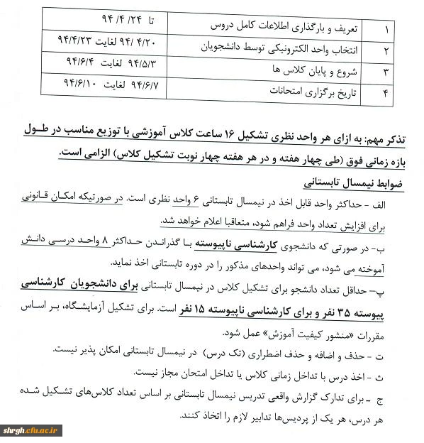 شرایط و زمانبندی نیمسال تحصیلی تابستان 94